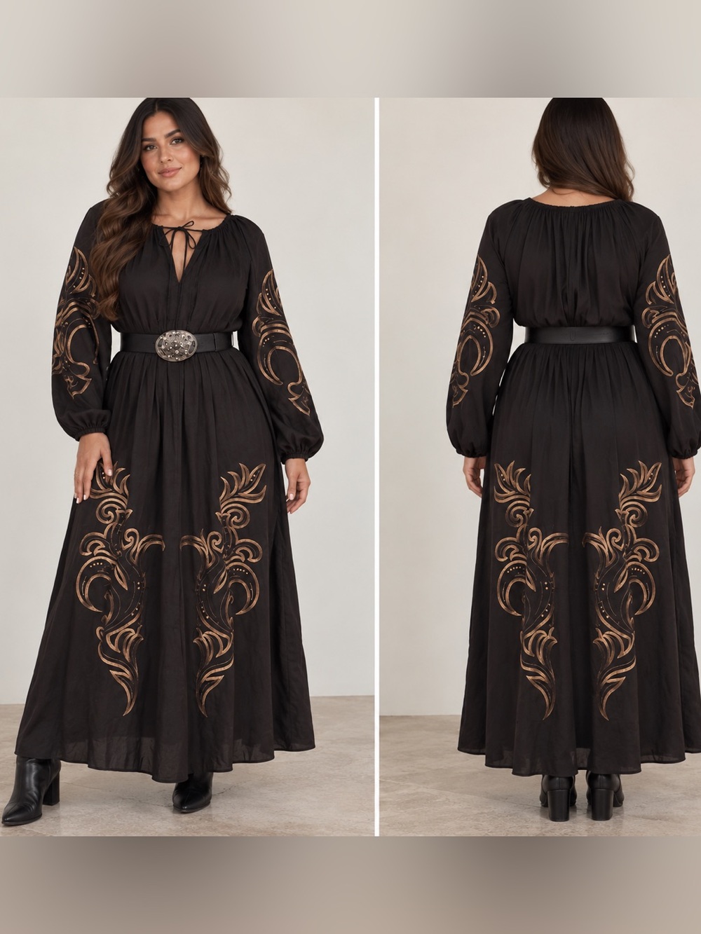 H&M Black Maxi Dress with Bronze Embroidery
